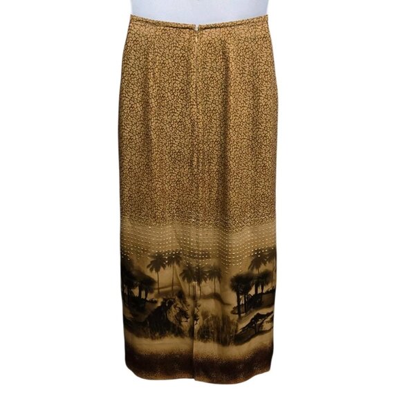 Silk Club Collection Midi Skirt Womens Size 8 Tan Silk Safari Lion Print Sequin - Picture 3 of 7
